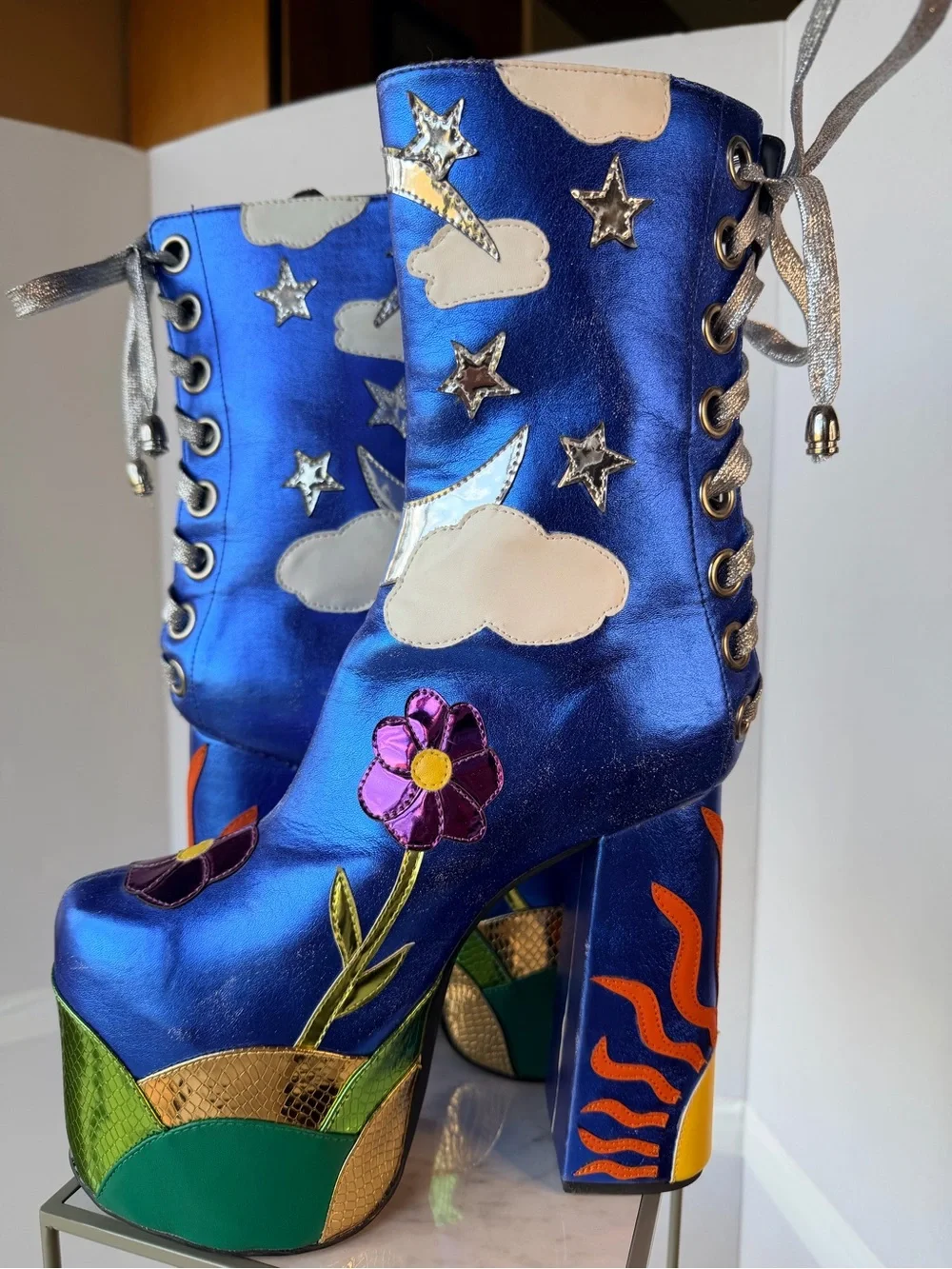 Dolls Kill Metallic Blue Flower & Cloud Platform Boots